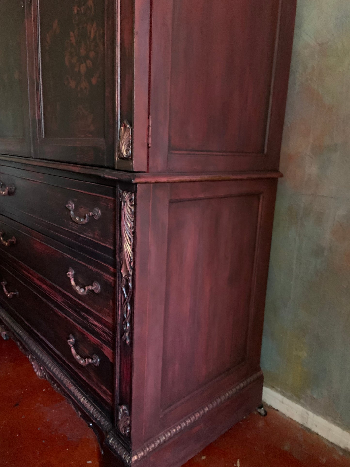 Entertainment Center, Armoire, cabinet, storage, bedroom, family room, office in black and burgundy. Stunning!